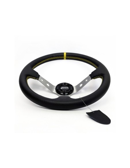 VOLANTE DESPLAZADO MOD. TRACK PIEL ARTIFICIAL BRAZOS PLATA OCC MOTORSPORT