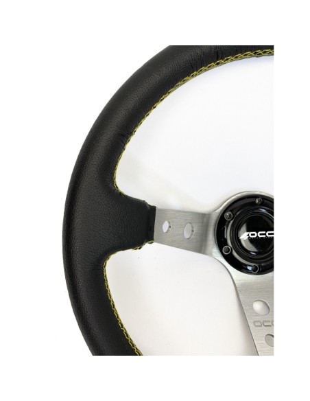 VOLANTE DESPLAZADO MOD. TRACK PIEL ARTIFICIAL BRAZOS PLATA OCC MOTORSPORT