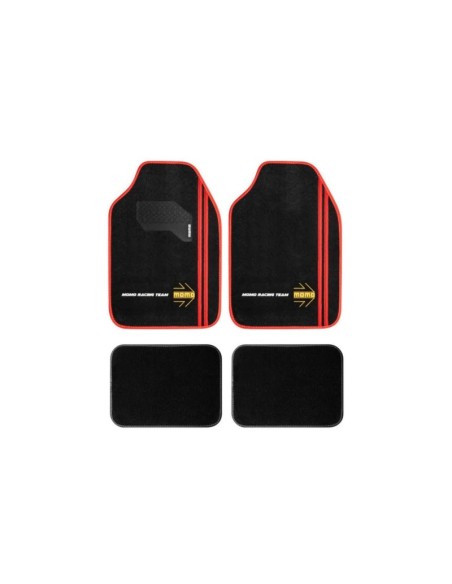 SET COMPLETO 4 PIEZAS ALFOMBRAS MOMO RACING UNIVERSALES NEGRO/ROJO
