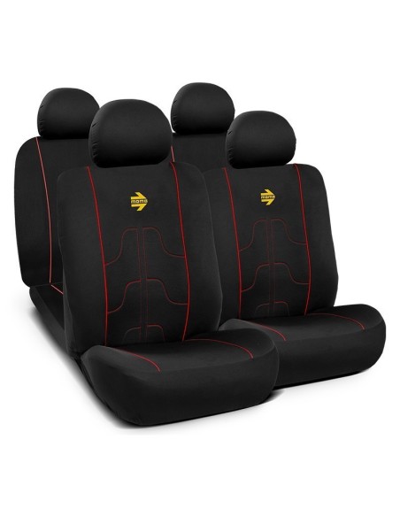 SET COMPLETO CUBRE ASIENTOS MOMO COCHE 11 PIEZAS NEGRO Y ROJO