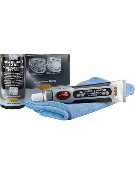 KIT DE PROTECCIÓN Y PULIDO DE FAROS AUTOSOL TUBO 75 ML  BOTELLA 200 ML PAÑO