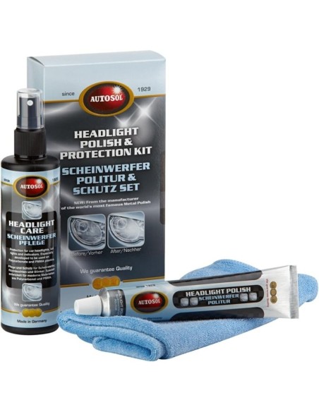 KIT DE PROTECCIÓN Y PULIDO DE FAROS AUTOSOL TUBO 75 ML  BOTELLA 200 ML PAÑO